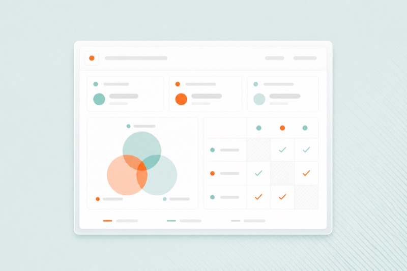 A comparison board with overlapping site circles and a checklist of shared keywords.
