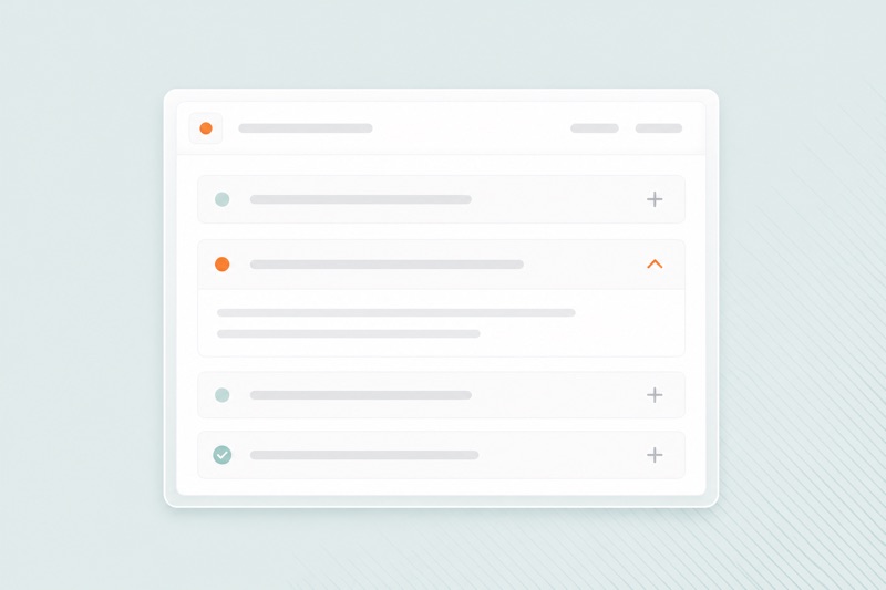 An open question with a short answer underneath, and closed rows beside it.